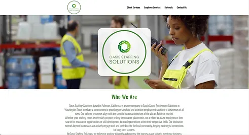 Screenshot of the Oasis Staffing Solutions website homepage showcasing seamless recruitment processes and satisfied clients in dynamic work environments